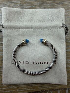 David Yurman 5mm Cable Classic Bracelet Blue Topaz and 14k Gold size medium